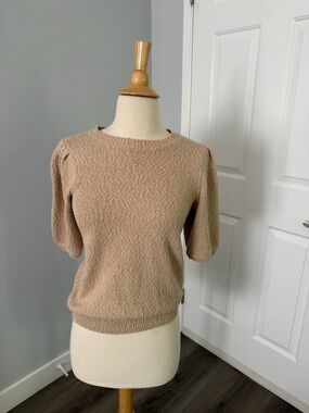 Caslon Beige Textured Puff-Sleeve Crewneck Sweater